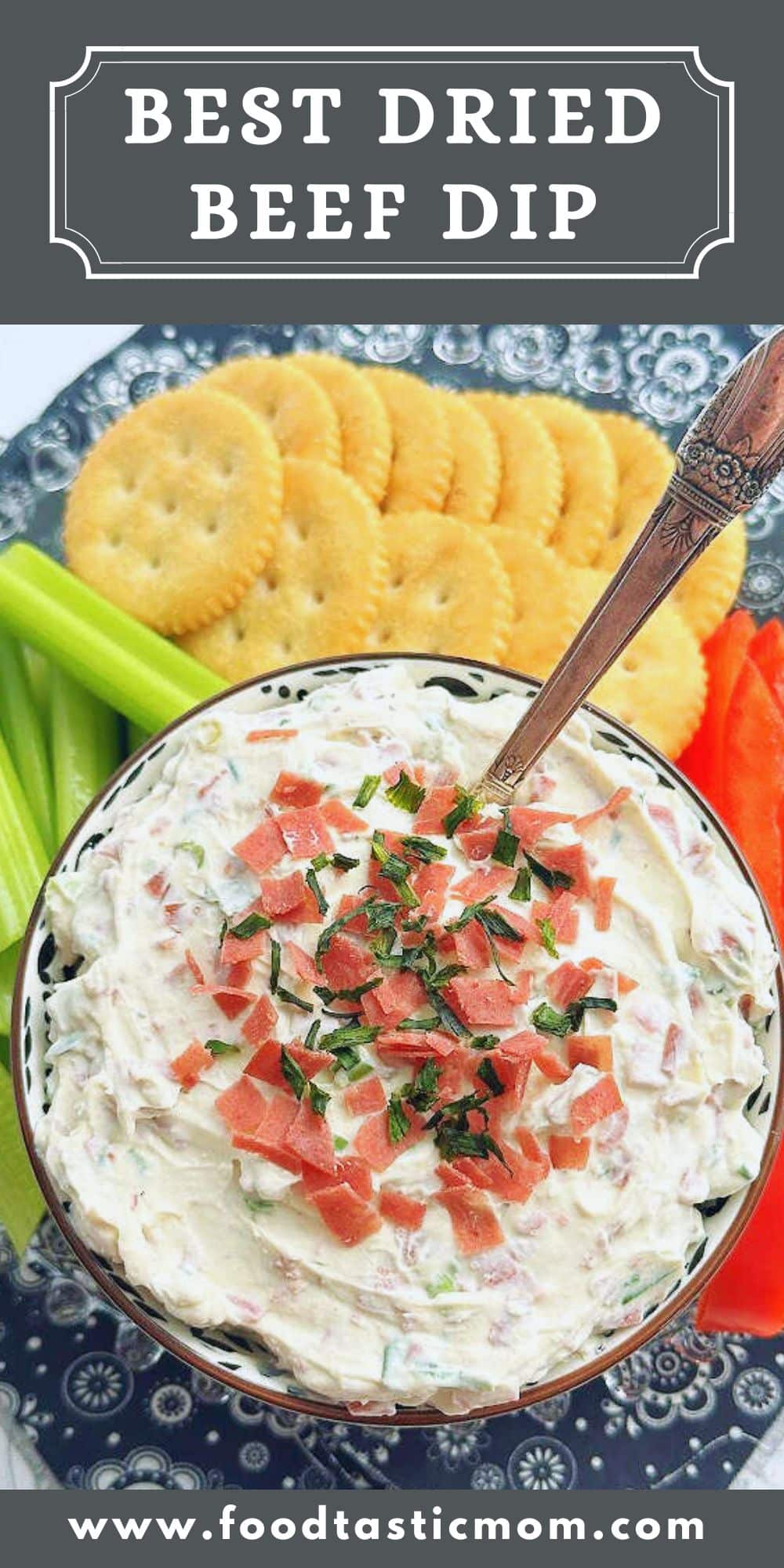 Dried Beef Dip is a classic appetizer made with simple ingredients. Serve this old-school recipe with butter cracker dippers or fresh veggies. via @foodtasticmom