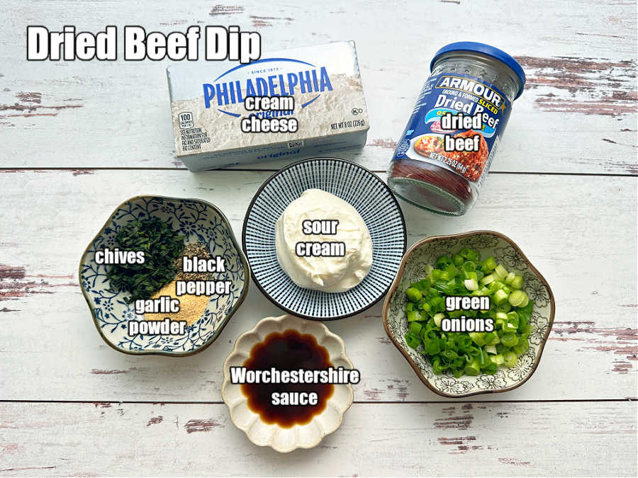 picture of all ingredients needed for dried beef dip