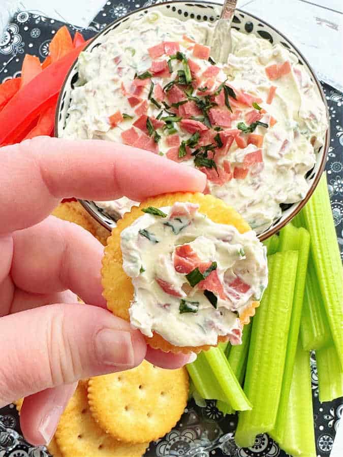 dried beef dip spread on a Ritz cracker