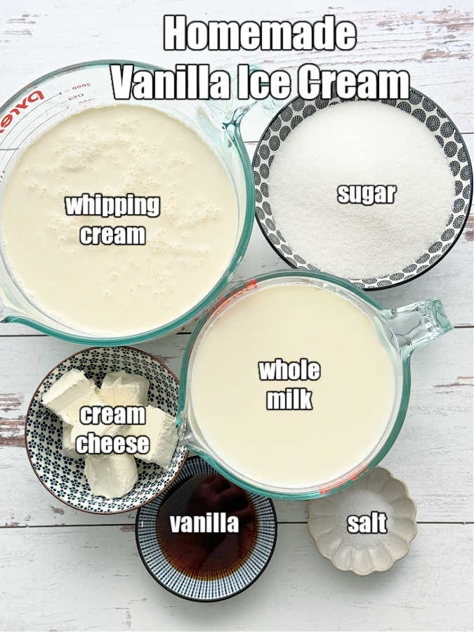 stylized picture of all ingredients needed to make vanilla ice cream - cream, whole milk, sugar, cream cheese, vanilla and salt