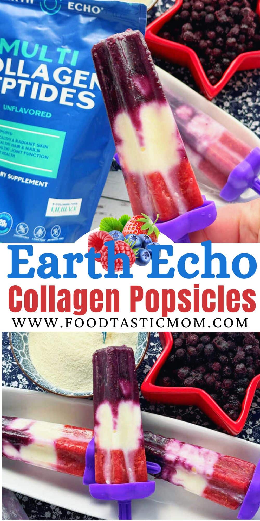 These collagen popsicles are a healthy sweet treat! Each one contains a full serving of Earth Echo Foods multi-collagen peptides. Plus frozen berries and vanilla Greek yogurt. via @foodtasticmom