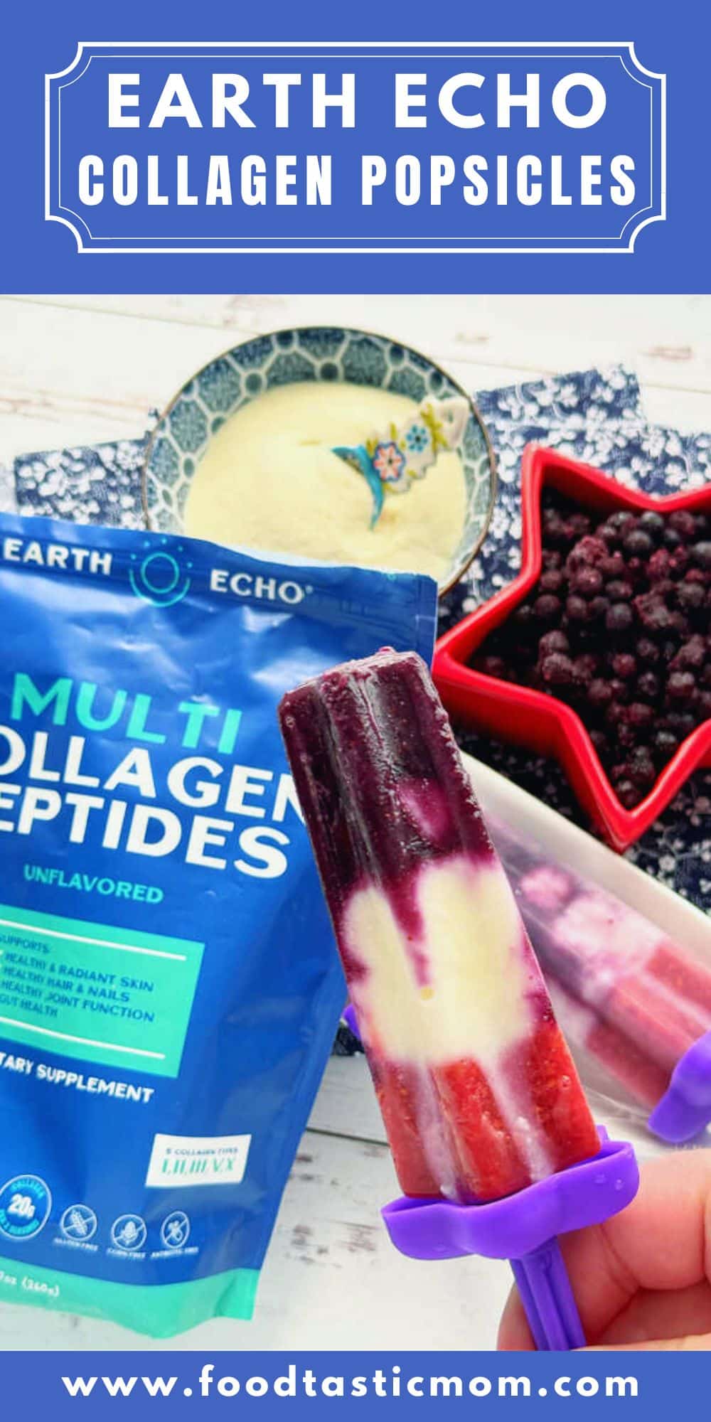 These collagen popsicles are a healthy sweet treat! Each one contains a full serving of Earth Echo Foods multi-collagen peptides. Plus frozen berries and vanilla Greek yogurt. via @foodtasticmom