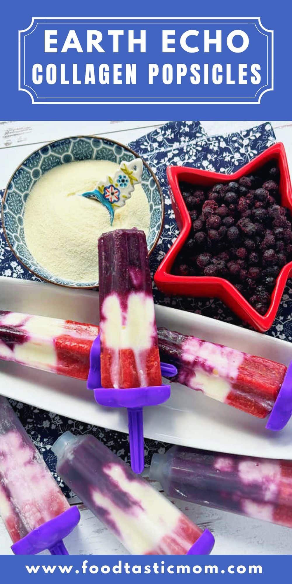 These collagen popsicles are a healthy sweet treat! Each one contains a full serving of Earth Echo Foods multi-collagen peptides. Plus frozen berries and vanilla Greek yogurt. via @foodtasticmom