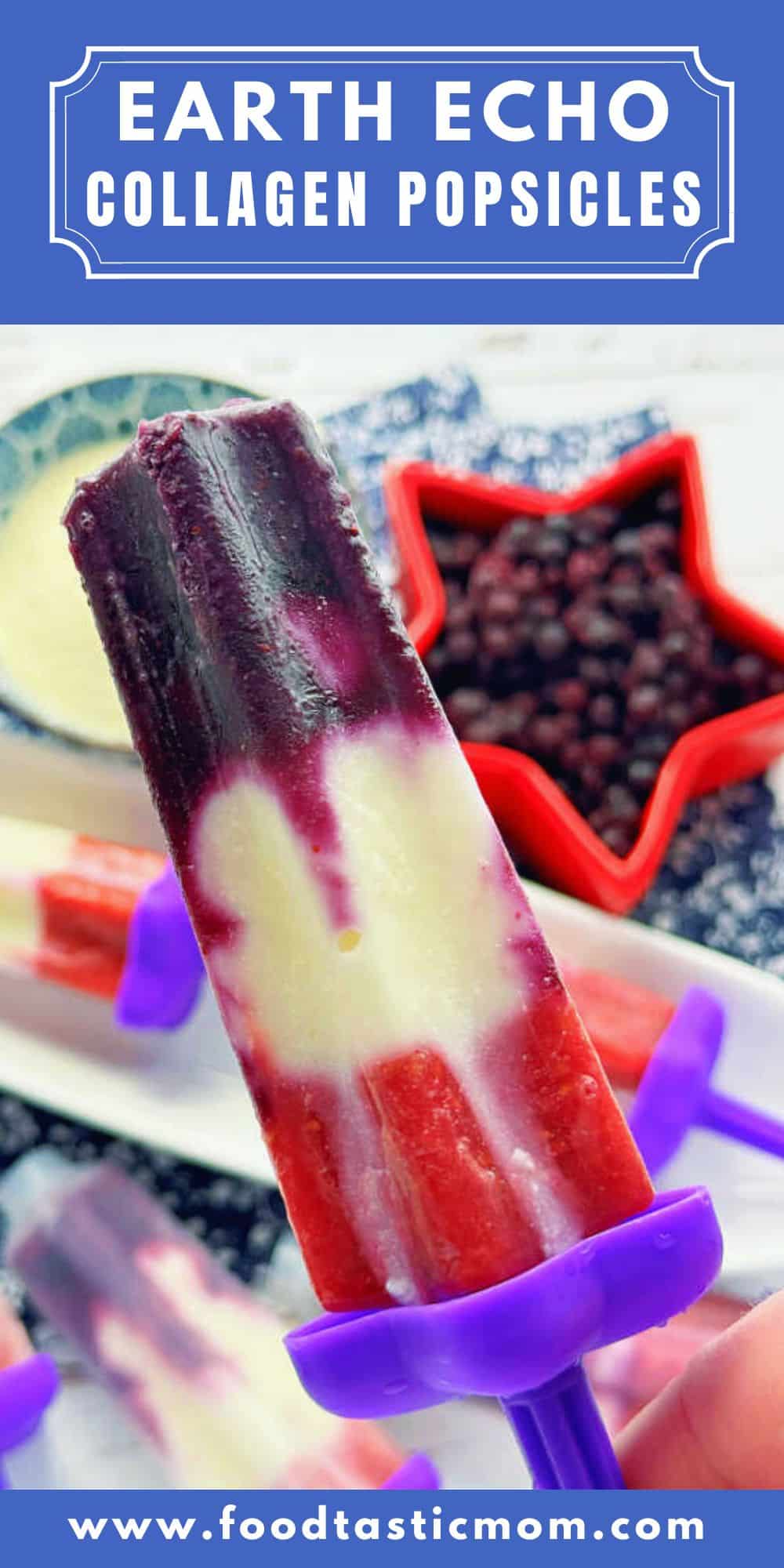 These collagen popsicles are a healthy sweet treat! Each one contains a full serving of Earth Echo Foods multi-collagen peptides. Plus frozen berries and vanilla Greek yogurt. via @foodtasticmom