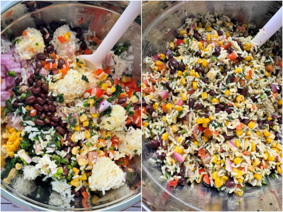 pictures showing the rice salad being mixed together in a large bowl