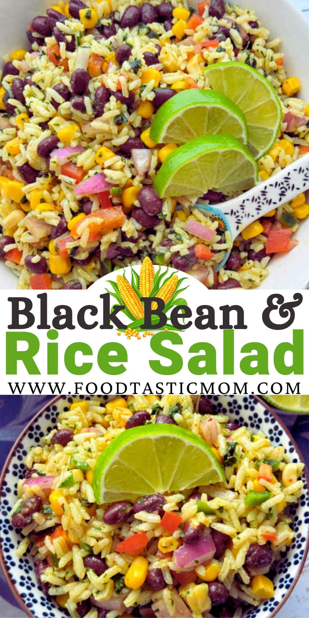 White rice and black beans combine with fresh ingredients and a unique dressing for this crowd pleasing and healthy Bean and Rice Salad. via @foodtasticmom