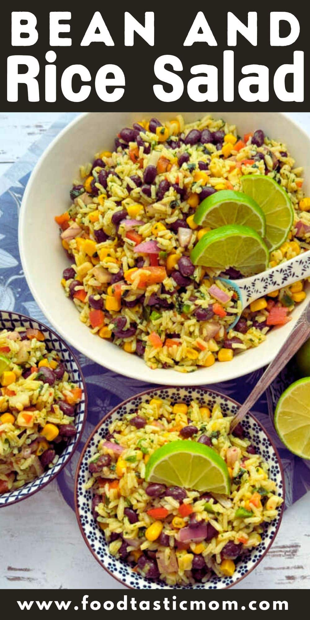 White rice and black beans combine with fresh ingredients and a unique dressing for this crowd pleasing and healthy Bean and Rice Salad. via @foodtasticmom