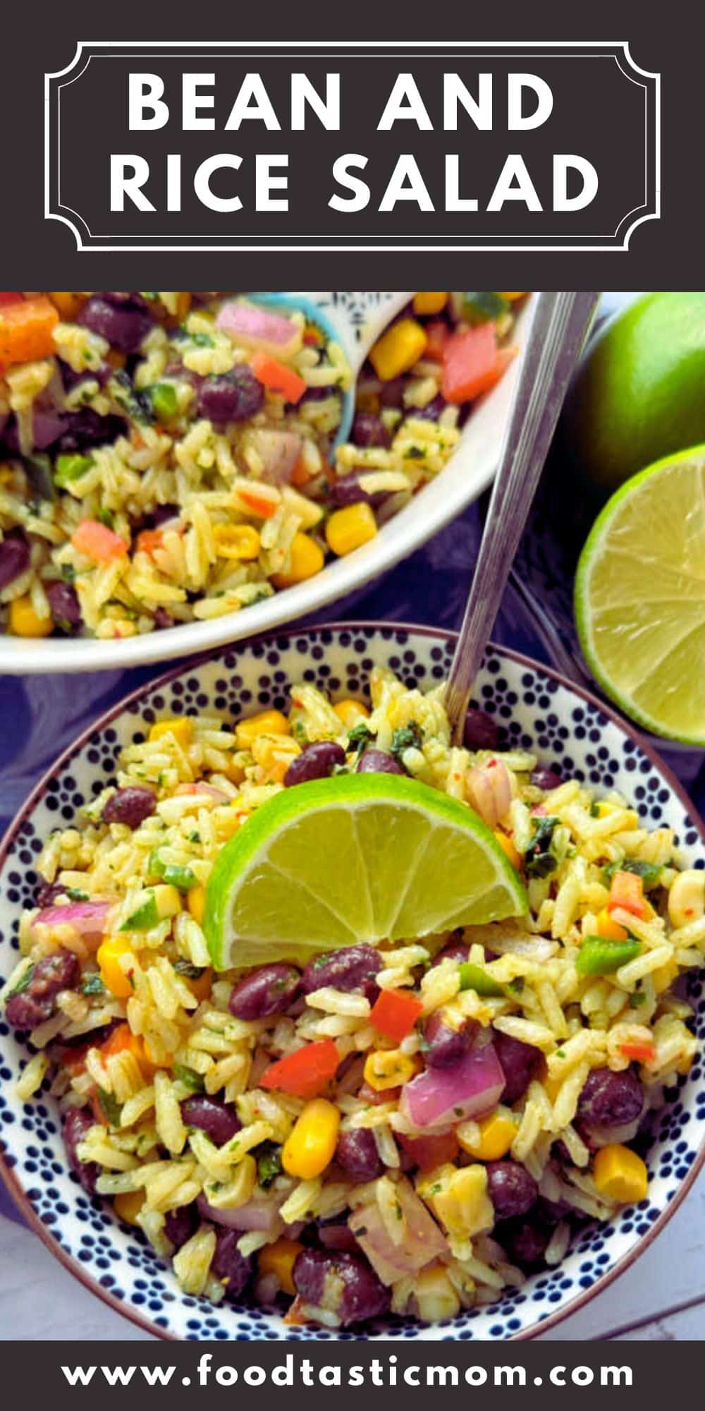 White rice and black beans combine with fresh ingredients and a unique dressing for this crowd pleasing and healthy Bean and Rice Salad. via @foodtasticmom