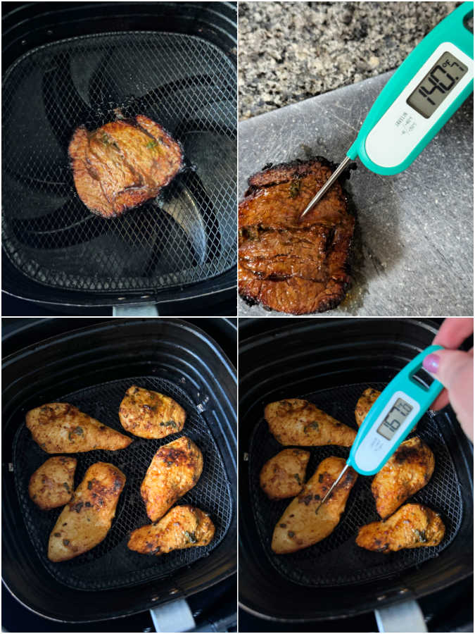 showing the steak and chicken being cooked in the air fryer for air fryer fajitas