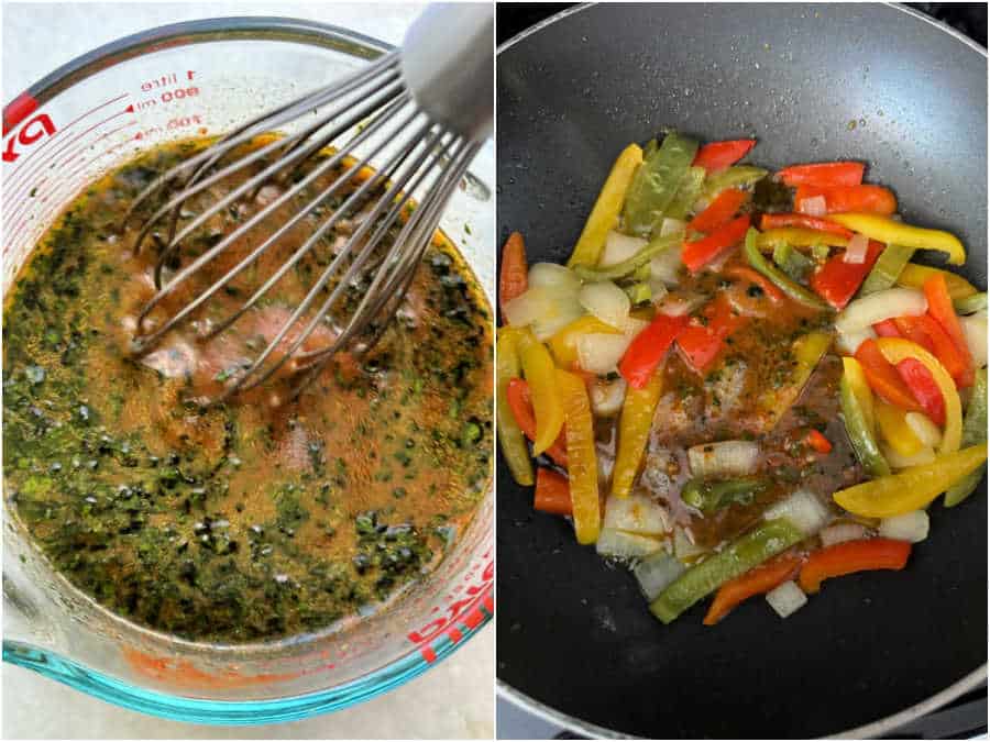 picture of fajitas marinade being mixed in a glass measuring cup and then being poured over the cooked peppers and onions