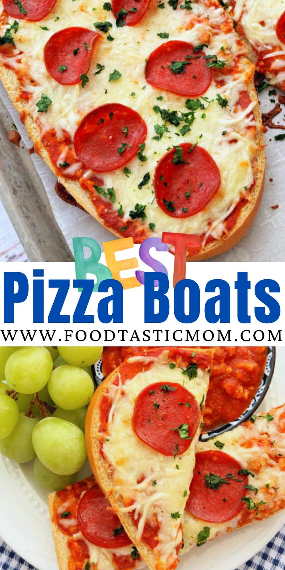 Pizza Boats are french bread pizzas, but so much better than the frozen variety. So quick to make with your favorite pizza toppings. via @foodtasticmom