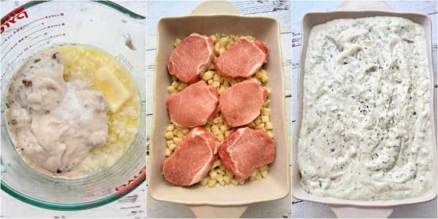 step by step collage showing how to make pork chop casserole