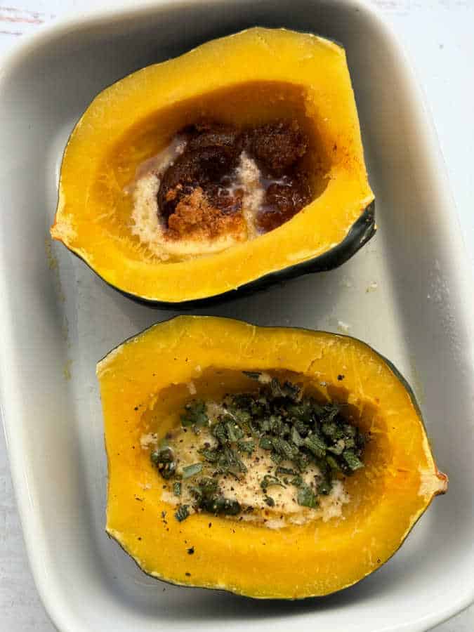 microwave acorn squash flavored two ways - sweet and savory