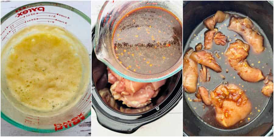 a collage of three pictures showing the steps for how to make slow cooker bourbon chicken