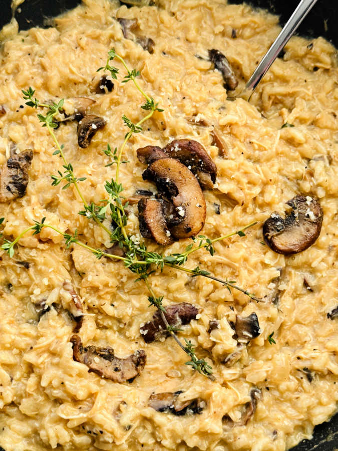 chicken mushroom risotto in the pan and ready to be served