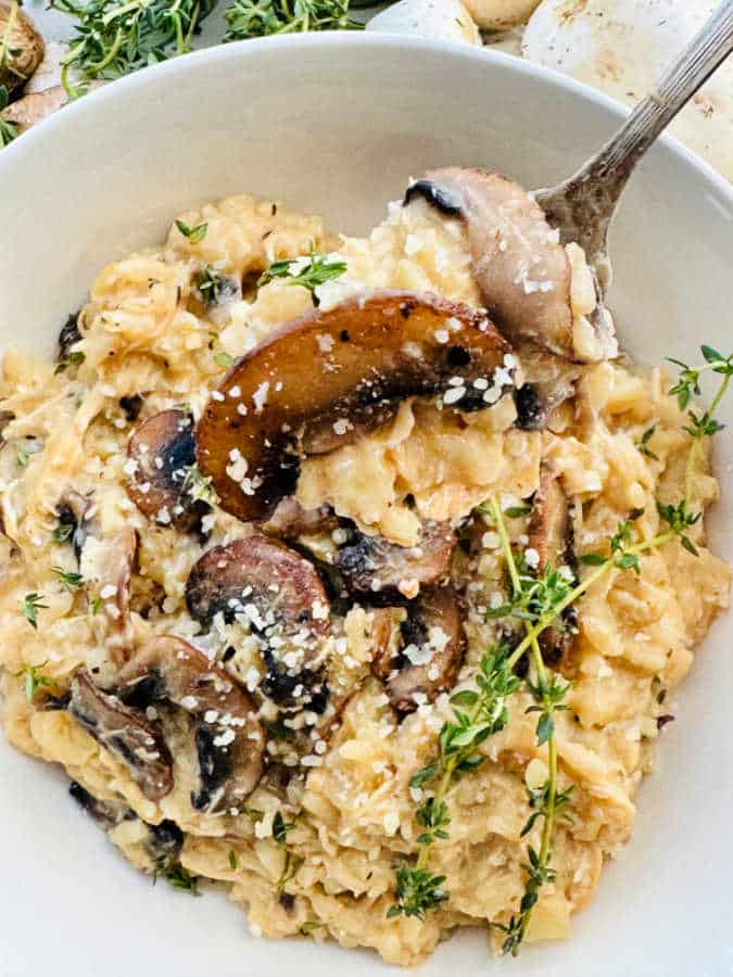 taking a bite from a bowl of chicken mushroom risotto