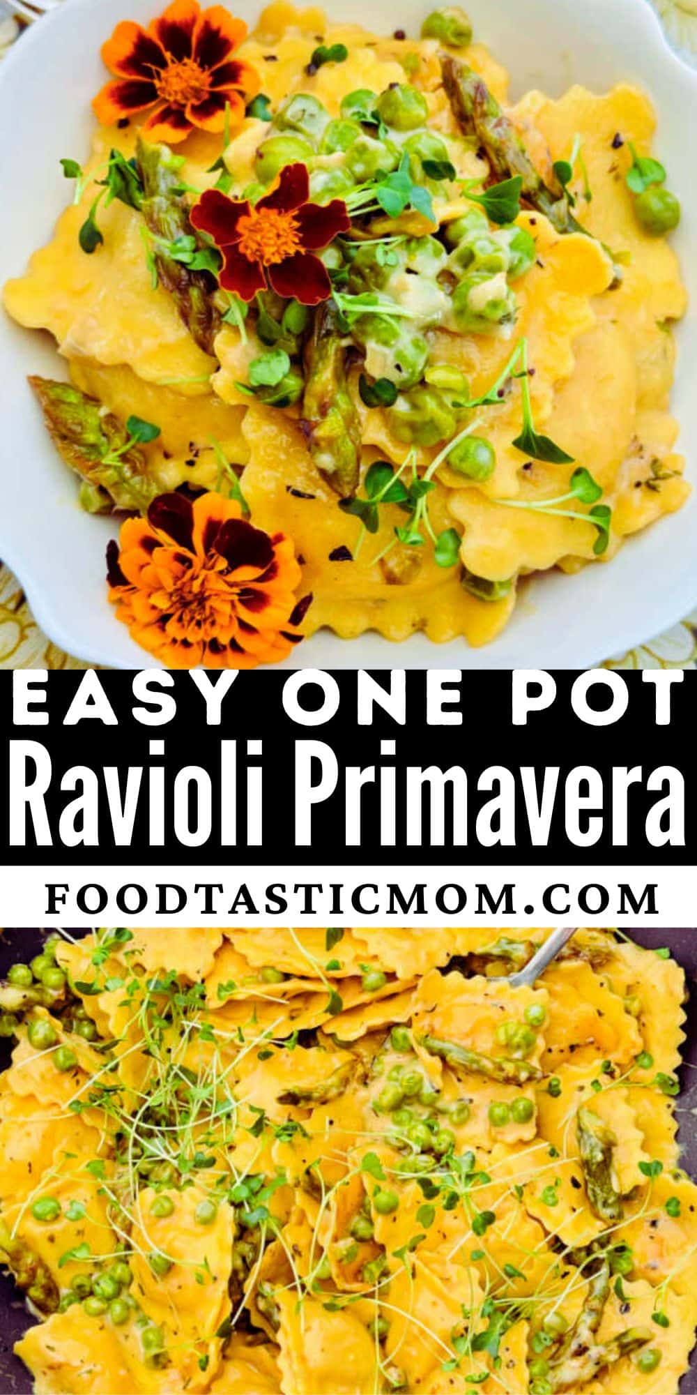 Cheese filled ravioli and fresh spring vegetables cook together in an easy one pot meal. Ravioli Primavera is ready to serve in 20 minutes. via @foodtasticmom