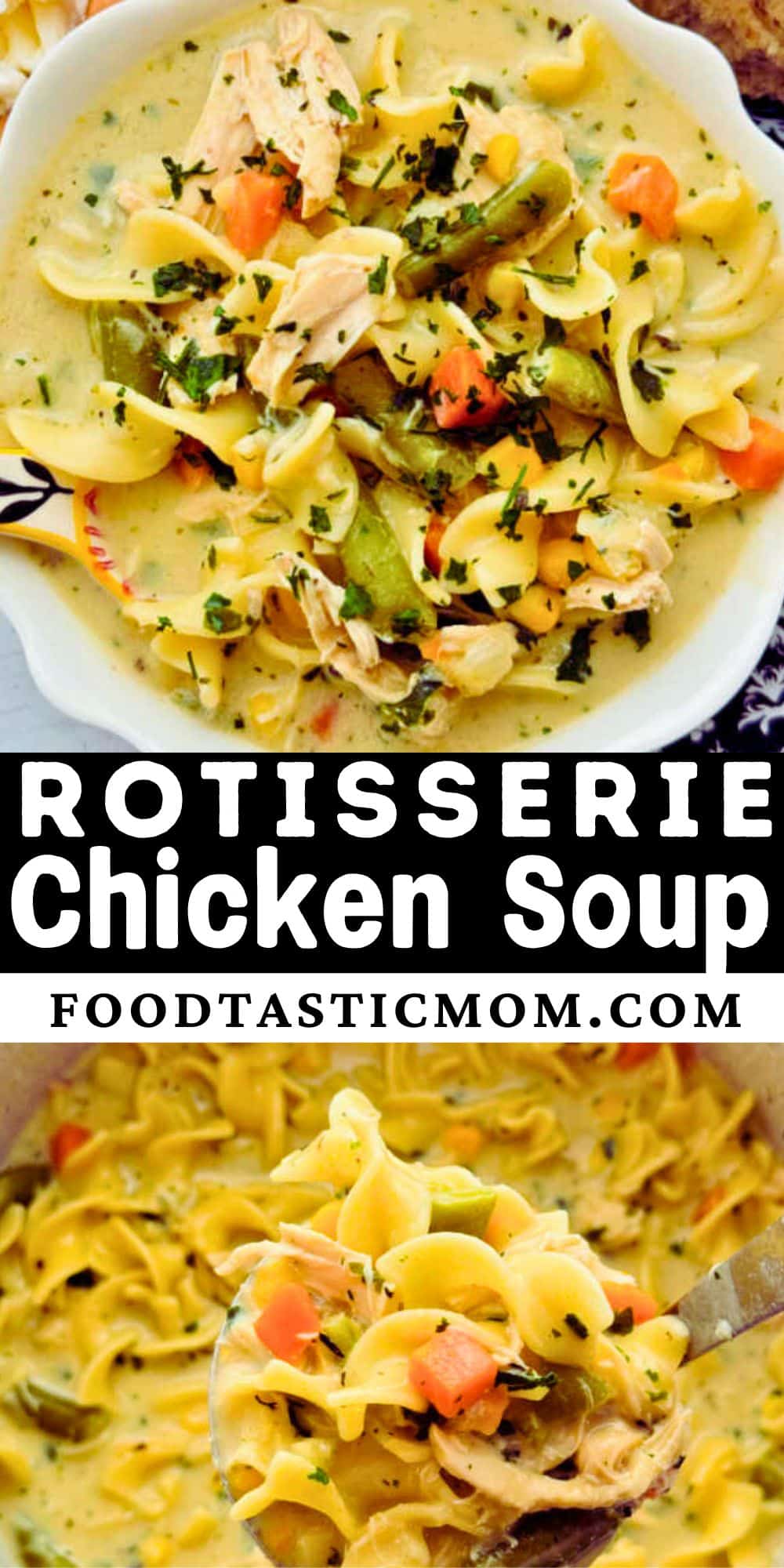 This easy and creamy rotisserie chicken noodle soup is made in one pot. This hearty soup is surprisingly quick to make! And the creamy broth makes this the ultimate comfort food. via @foodtasticmom