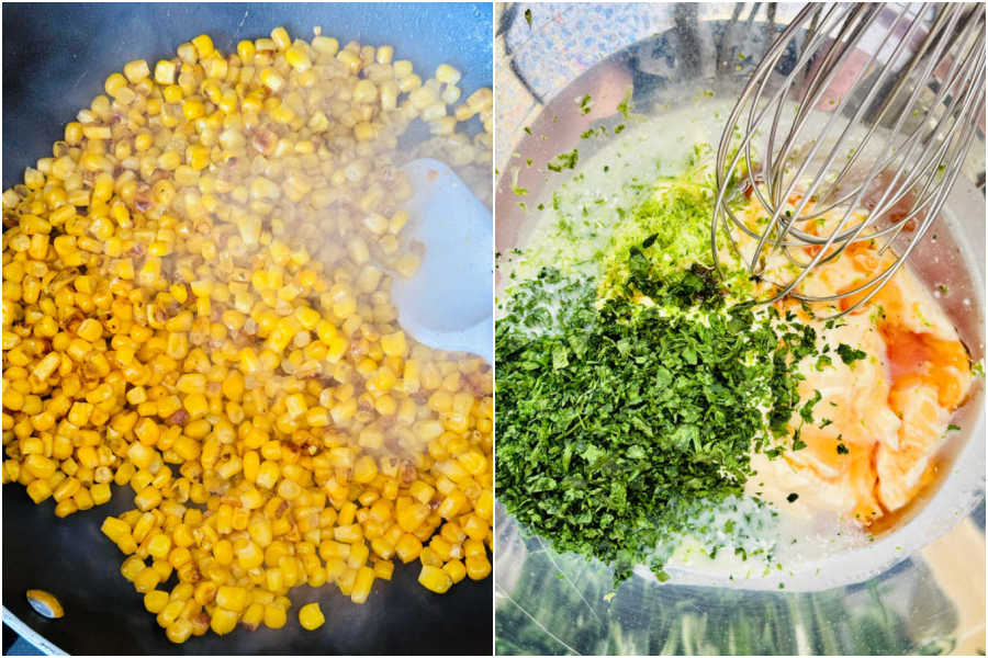 two pictures - one showing the corn being cooked and one showing the dressing being made in a large mixing bowl